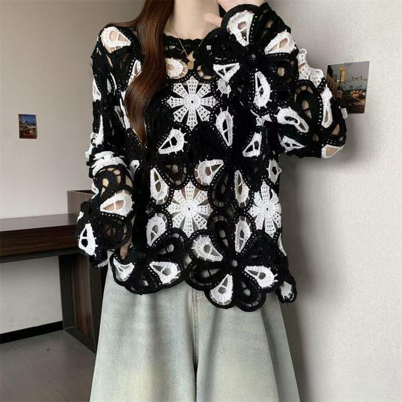 Bohemian Crochet Hollow Knit Sweater for Women Loose Color-Block Long-Sleeve Knit Pullover Top