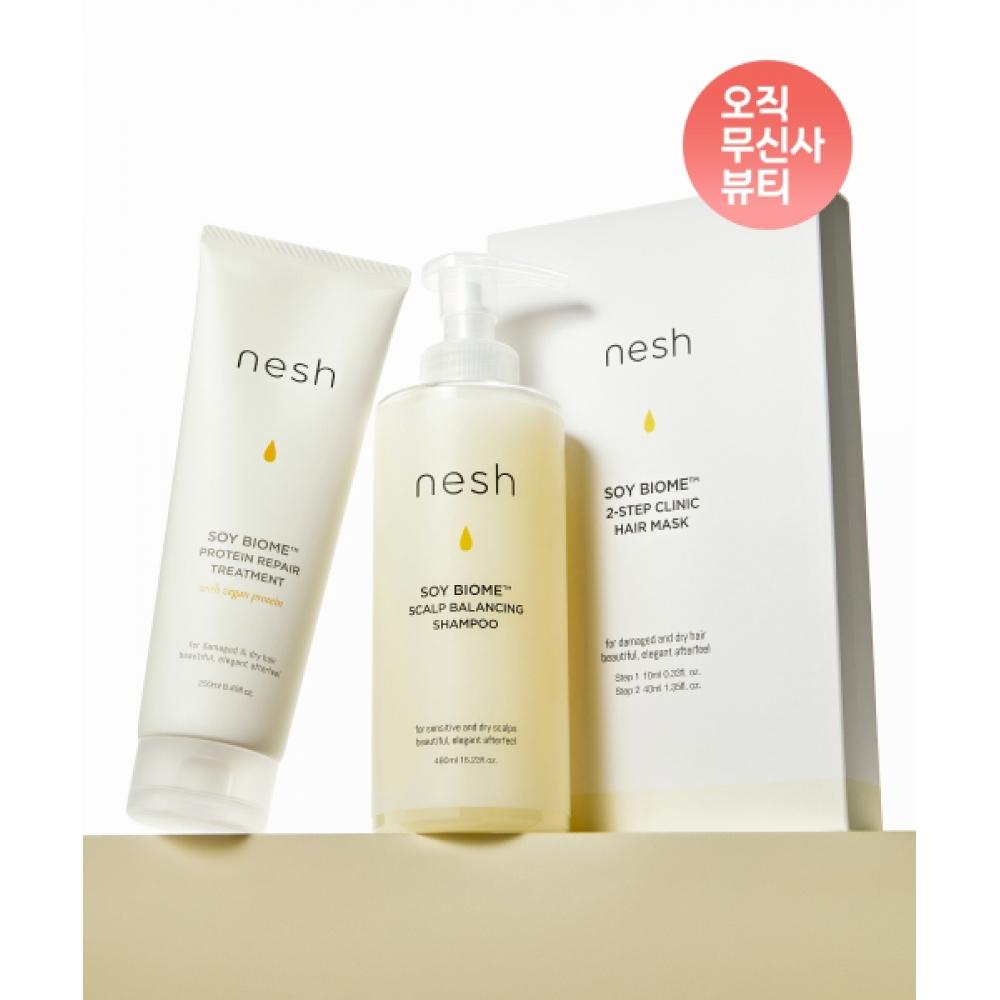 

Nesh [набор из 3 шт.] Шампунь Soy Biome 480 мл, средство для ухода за волосами 250 мл, маска для волос 50 мл (4 листа) NONE