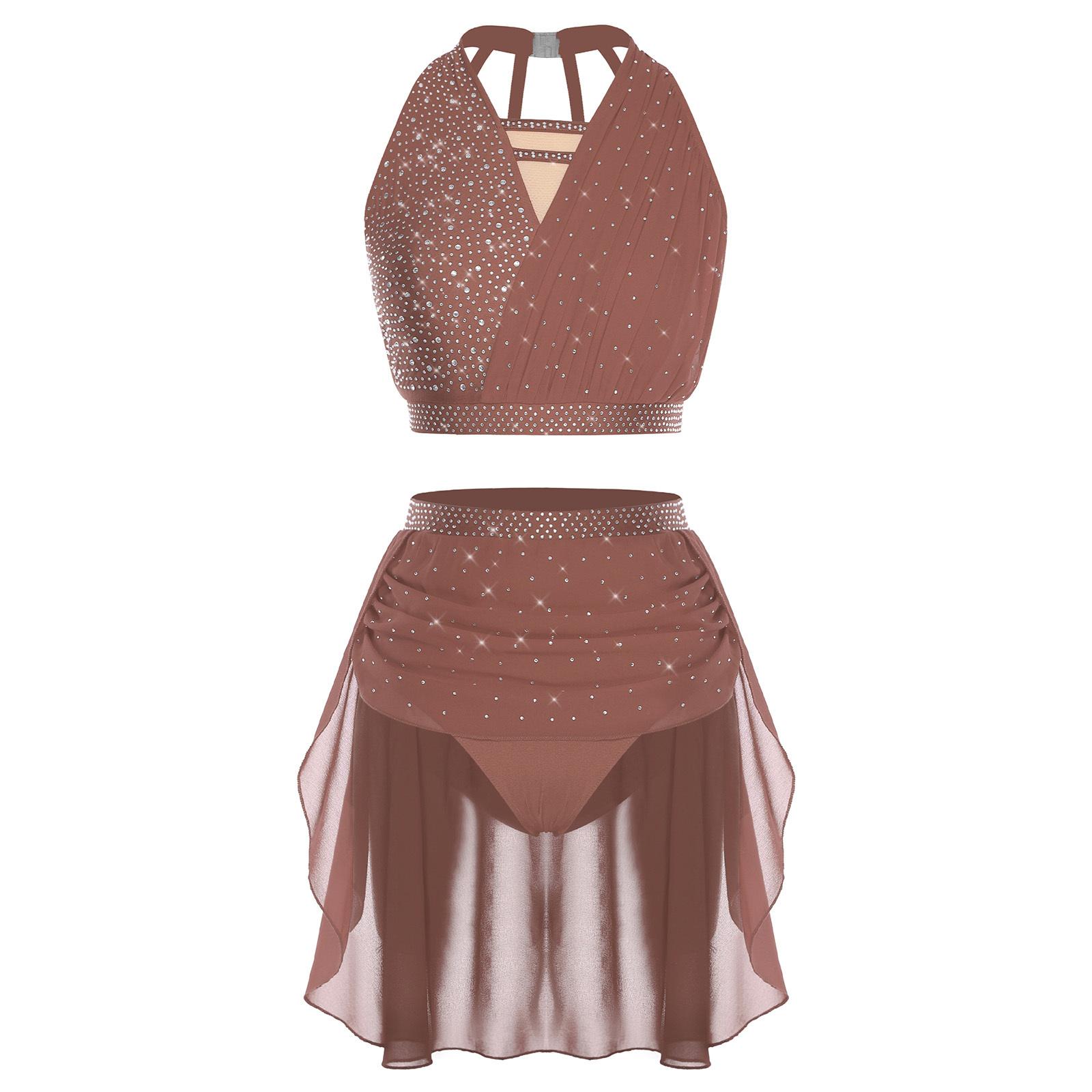 

Womens Lyrical Dance Costume Sleeveless Halter Ruched Crop Top with Irregular Hem Built-in Briefs Rhinestone Outfit S