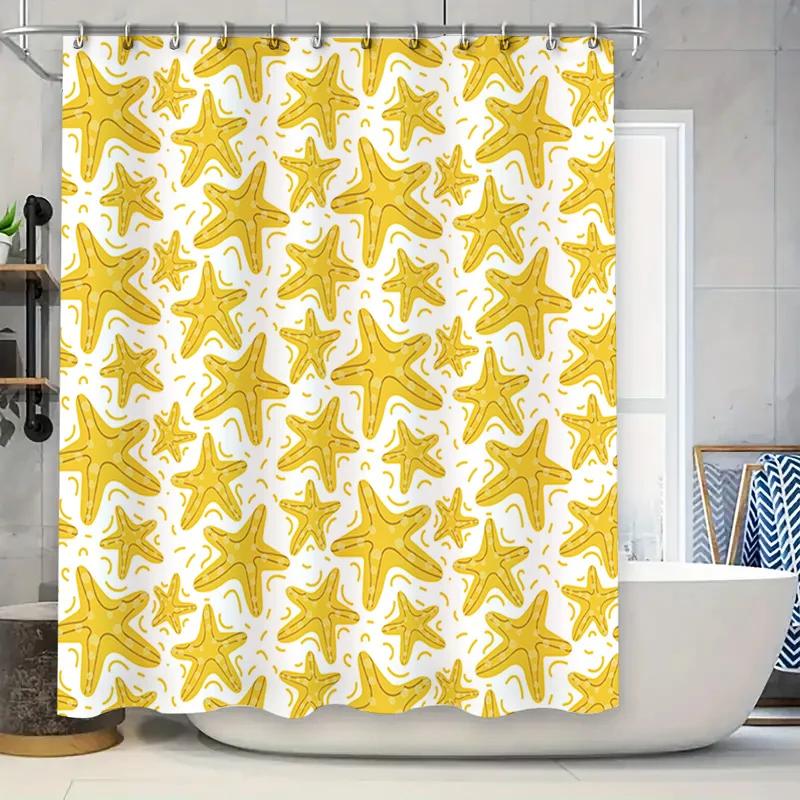 

Yellow Starfish Shower Curtain With White Background For Bathroom Decor Waterproof Fabric Bath Mat Available In Various Sizes On W60H190(CM)-1 Pcs