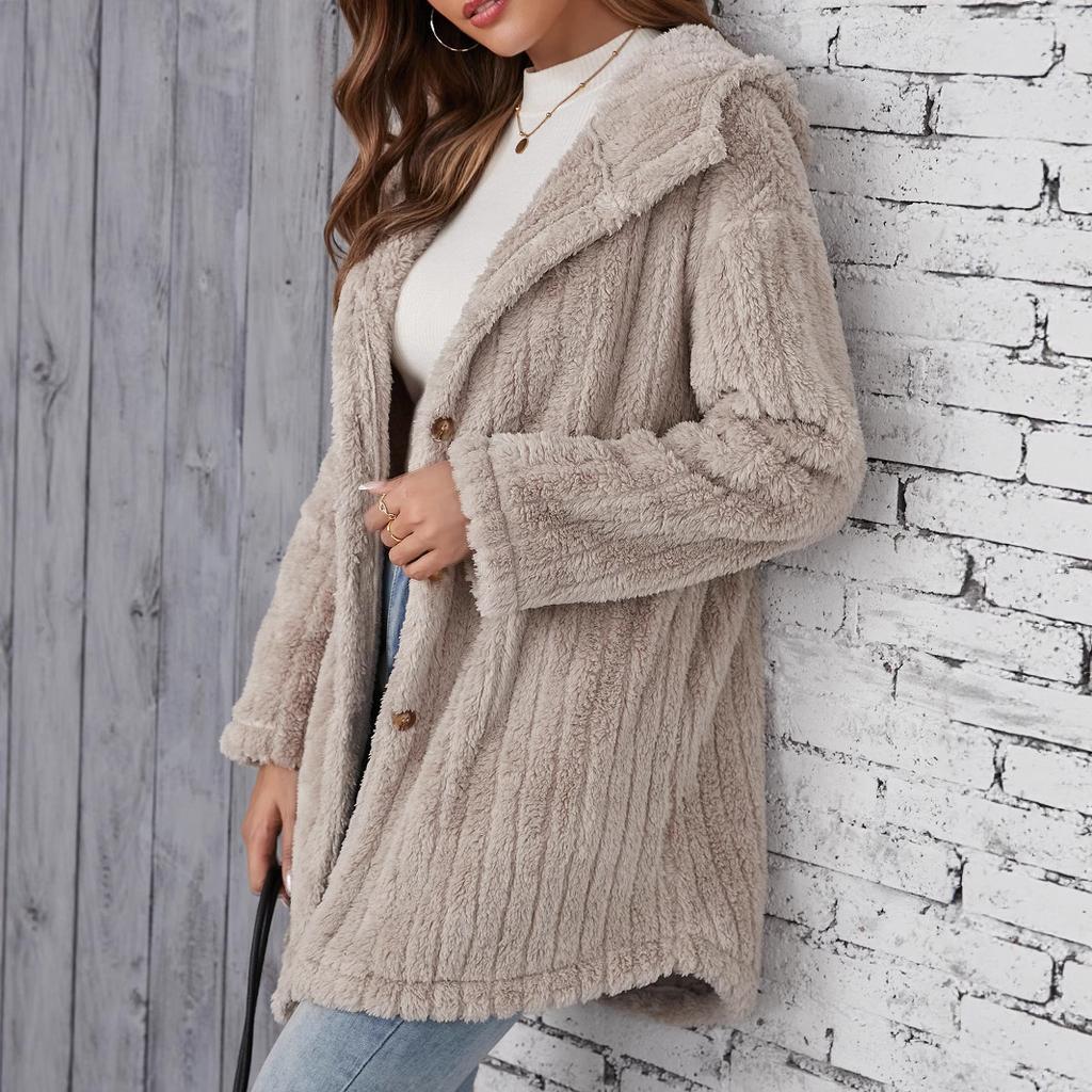 QICED Autumn and Winter Thickened Plush Striped Embossed Button Cardigan Hooded Jacket