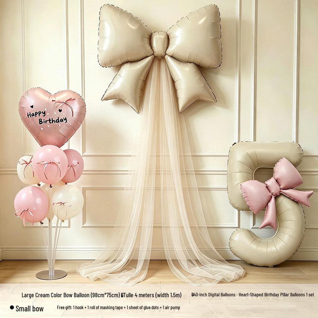Girls' 5th & 6th Birthday Decor Set with Bow, Net Yarn, and Balloons for a Festive Photo Atmosphere