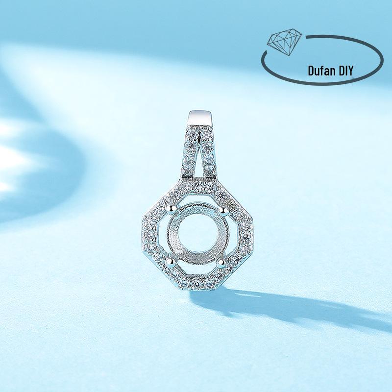 White Gold & Copper Round Pendant Base with Diamond Imitation, 925 Silver, for DIY Ice Flower Necklace.