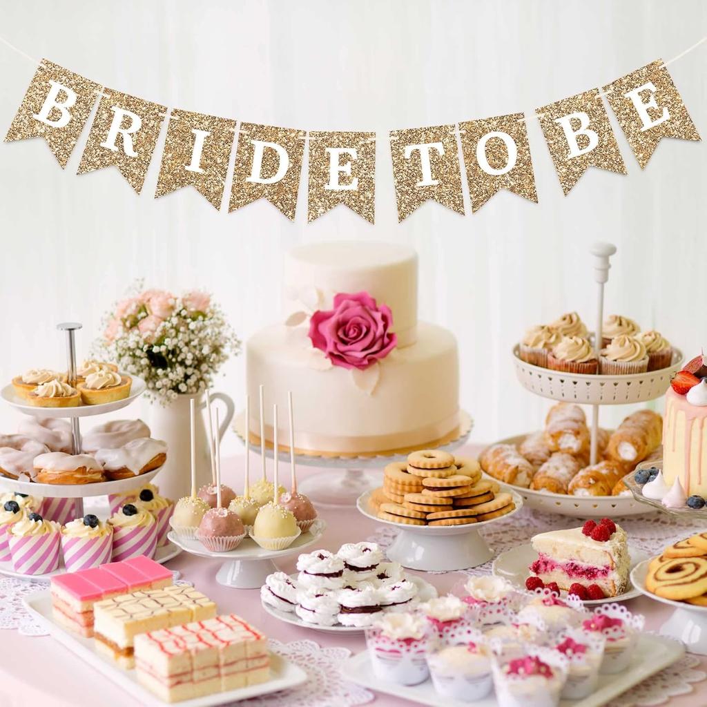 Pre-Strung Bride To Be Banner - No DIY - Gold Glitter Bachelorette Bridal Party Banner - Pre-Strung Garland On 8 Ft Strand - Gold Bachelorette Bridal