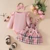 Autumn Baby Girls' Long Sleeve Ribbed Top & Plaid Overalls Skirt Set