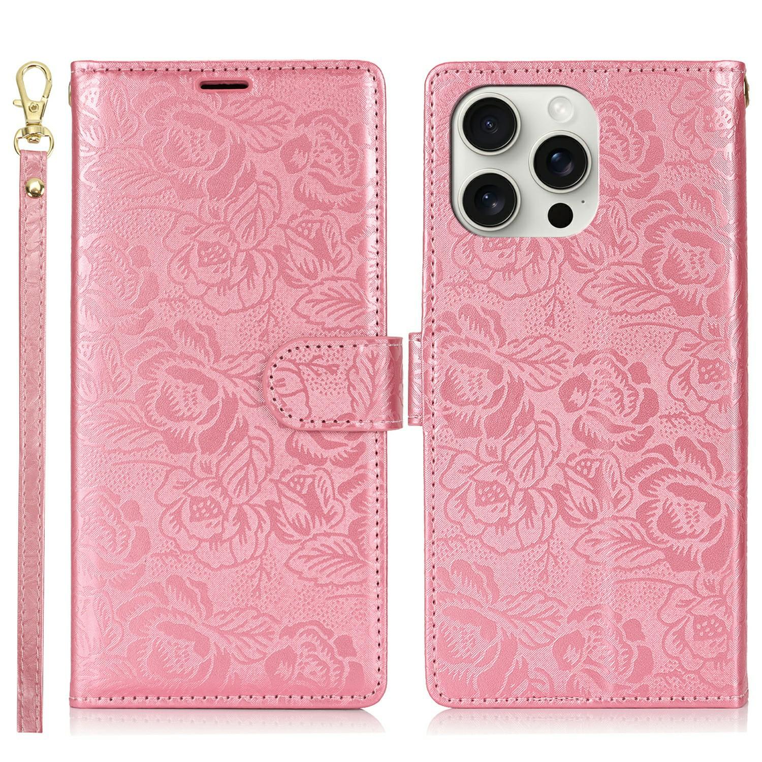 

For iPhone 14 Pro Case with Hand Strap Flower Imprint Leather Wallet Phone Cover D