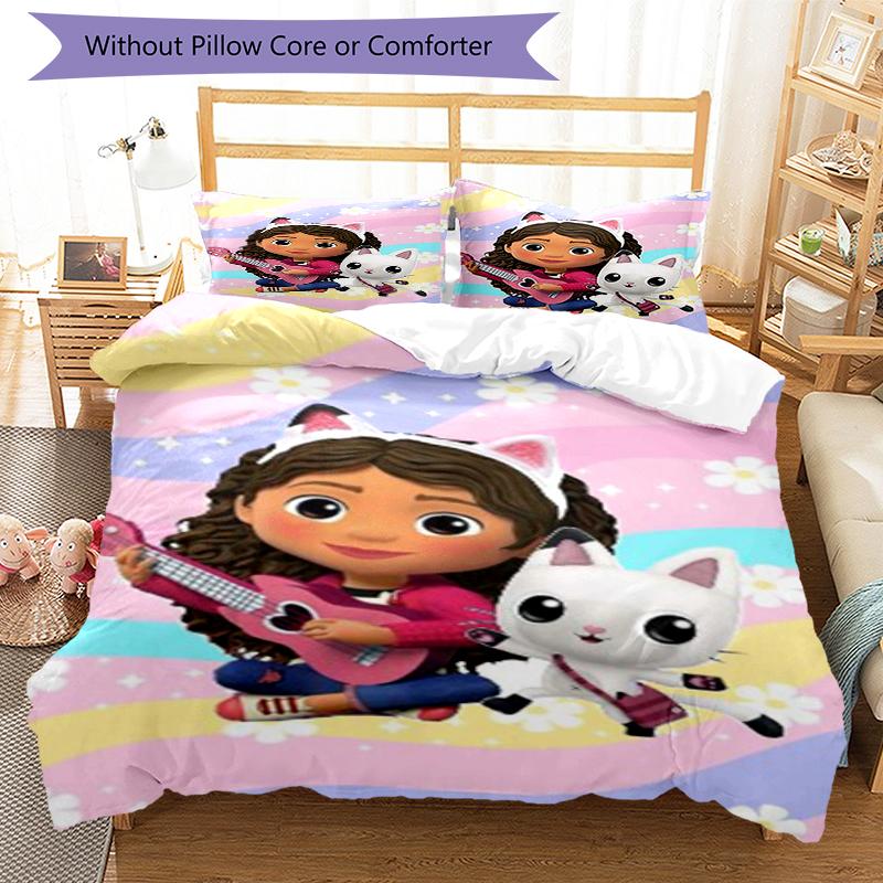 3pcs Gabby’s Dollhouse Bedding Set Duvet Cover Closure Includes 1 Duvet Cover & 2 Pillowcases, Soft and Comfortable for All Seasons.