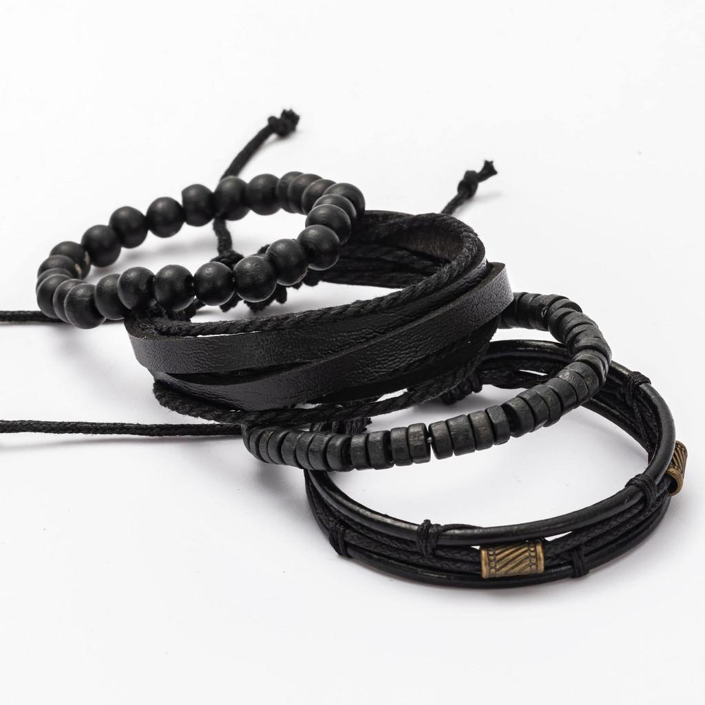 4Pcs/set Retro Literary Style Bronze Bundle Leather Wood Bead Set Bracelet