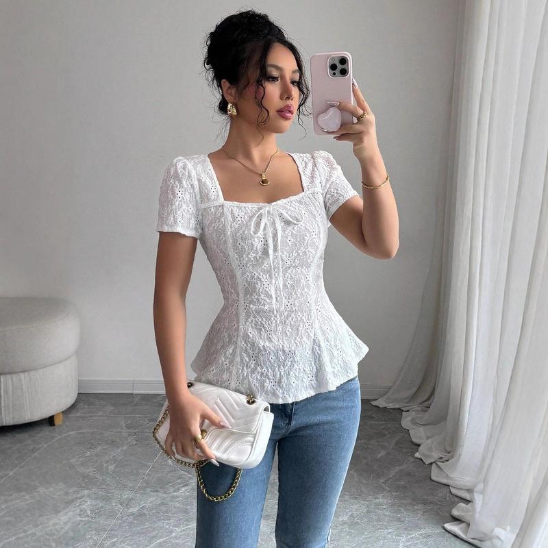 Women's Boho Tie Front Peplum Blouses Eyelet Embroidery Square Neck Short Sleeve Going Out Tops for Women UK