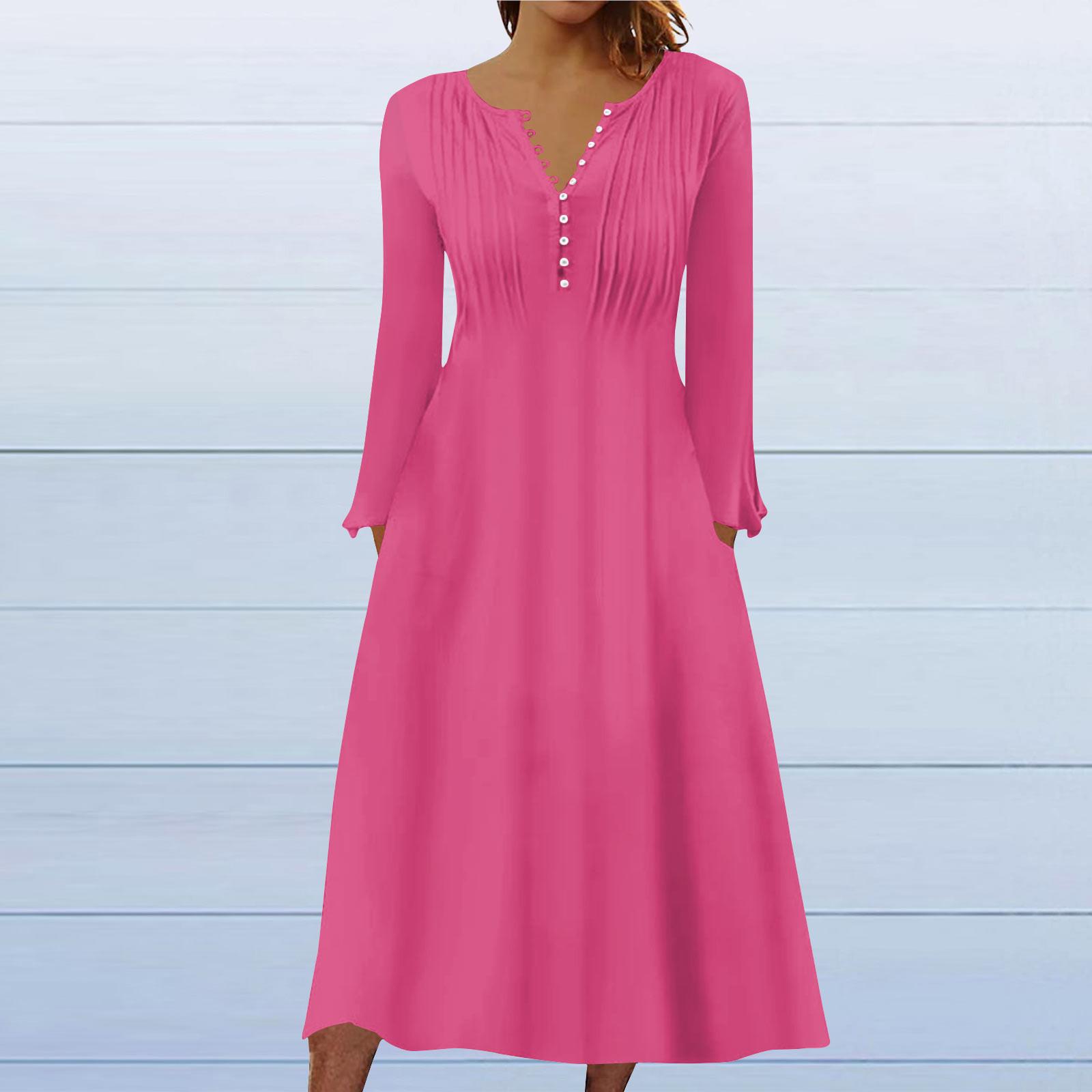 Fashion Women s Casual Fashion Color Pocket V-neck Pullover Long Sleeve Dress S