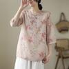 Retro Chinese Modified Button Cotton and Linen Printed Shirt Women's Spring and Summer Loose and Thin Seven-quarter Sleeve Top Women