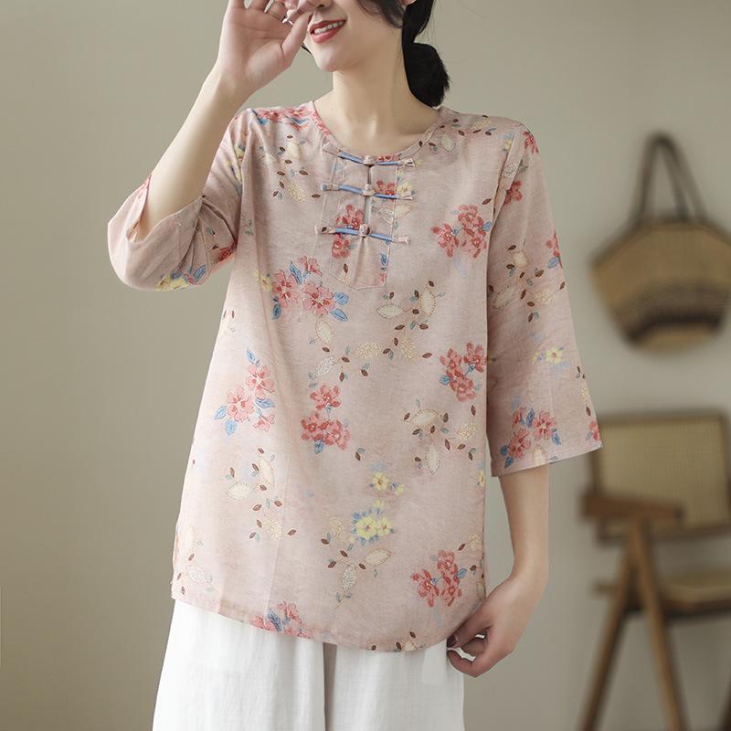 Retro Chinese Modified Button Cotton and Linen Printed Shirt Women's Spring and Summer Loose and Thin Seven-quarter Sleeve Top Women