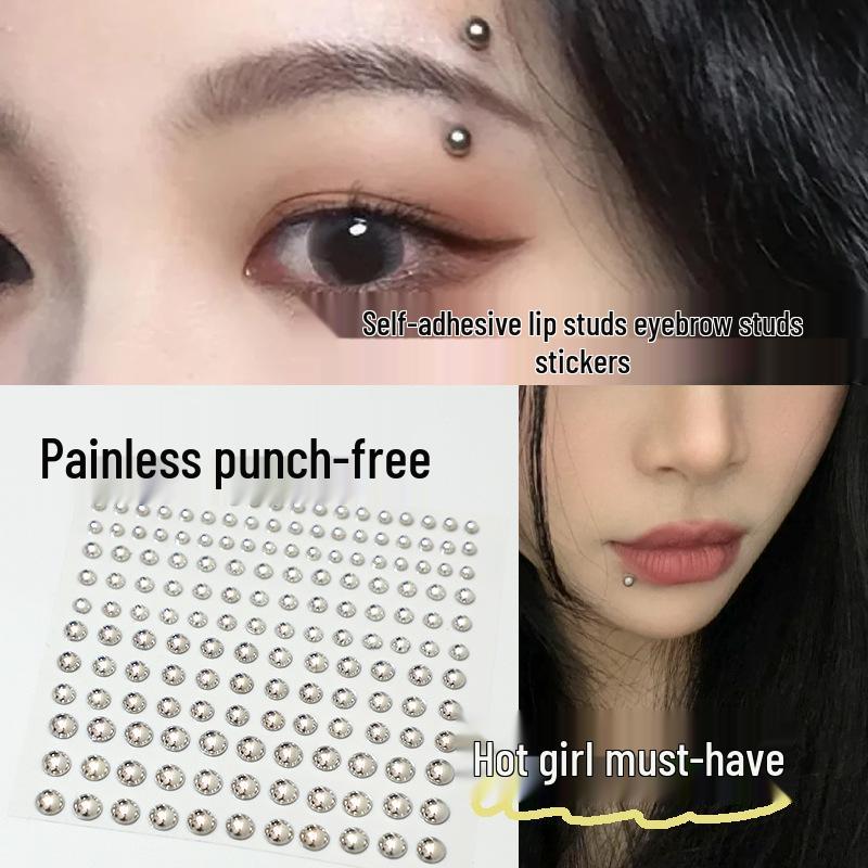 Metallic Fake Piercing Jewelry: Lip, Nose & Eyebrow Studs with Rhinestone Face Stickers