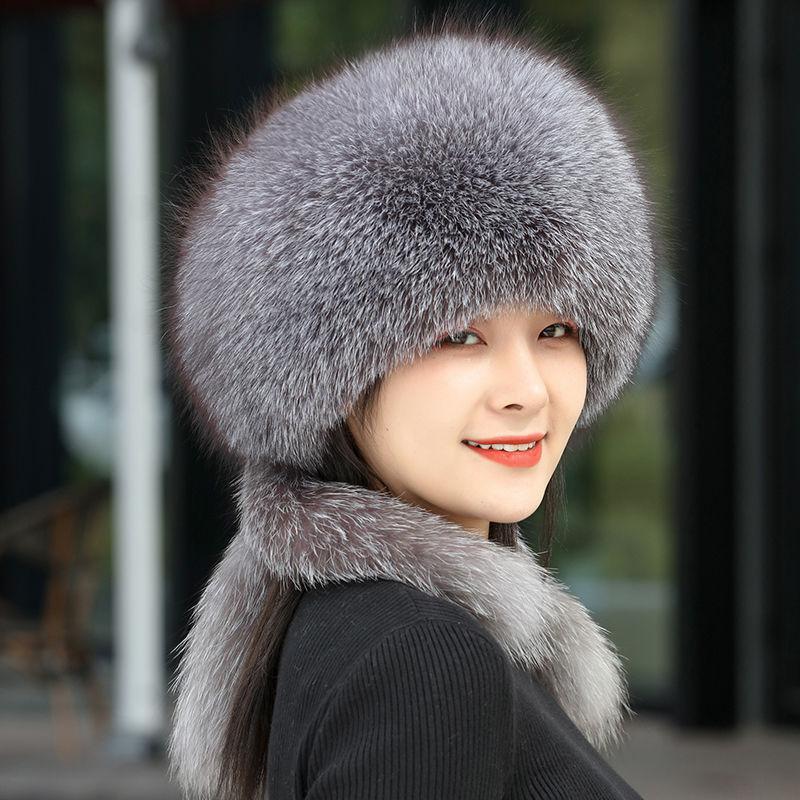 

Шапка из лисьего меха Женская Зимняя из норки Национальный стиль Монгольская шапка Натуральная кожа Накладки на уши Лыжная шапка L（58-60cm）