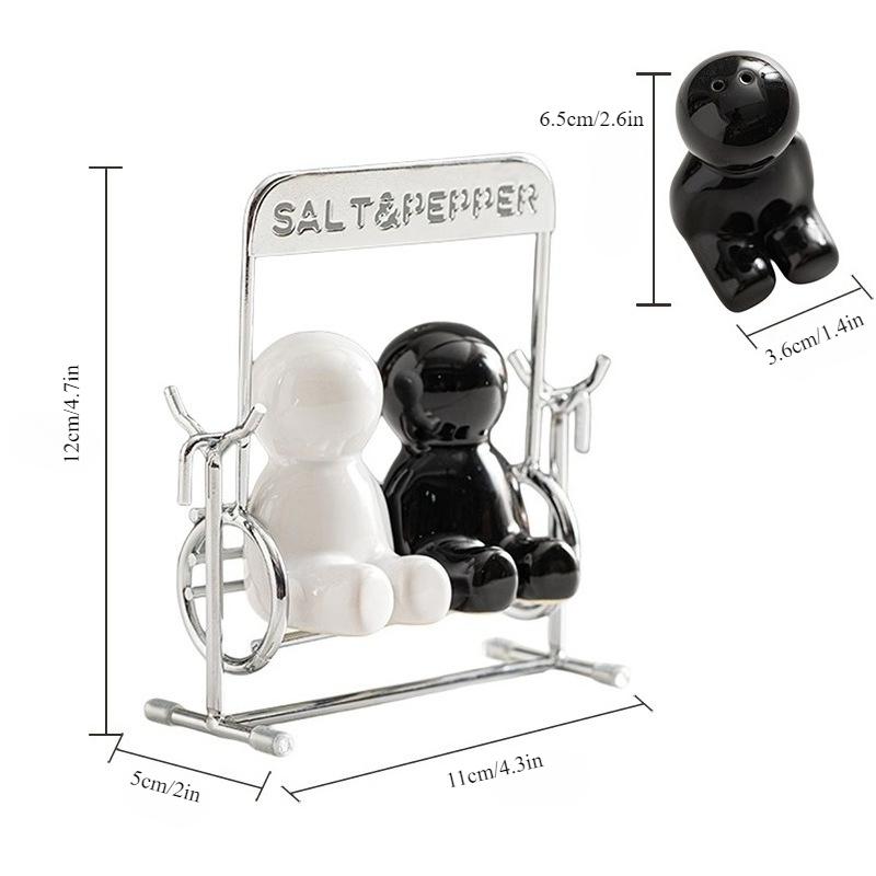 1 Set of Charming Black,White Salt,Pepper Shakers ,Ceramic, Modern Kitchen Spice Jars with Metal Stand, Ideal for Western Dining Table Decor
