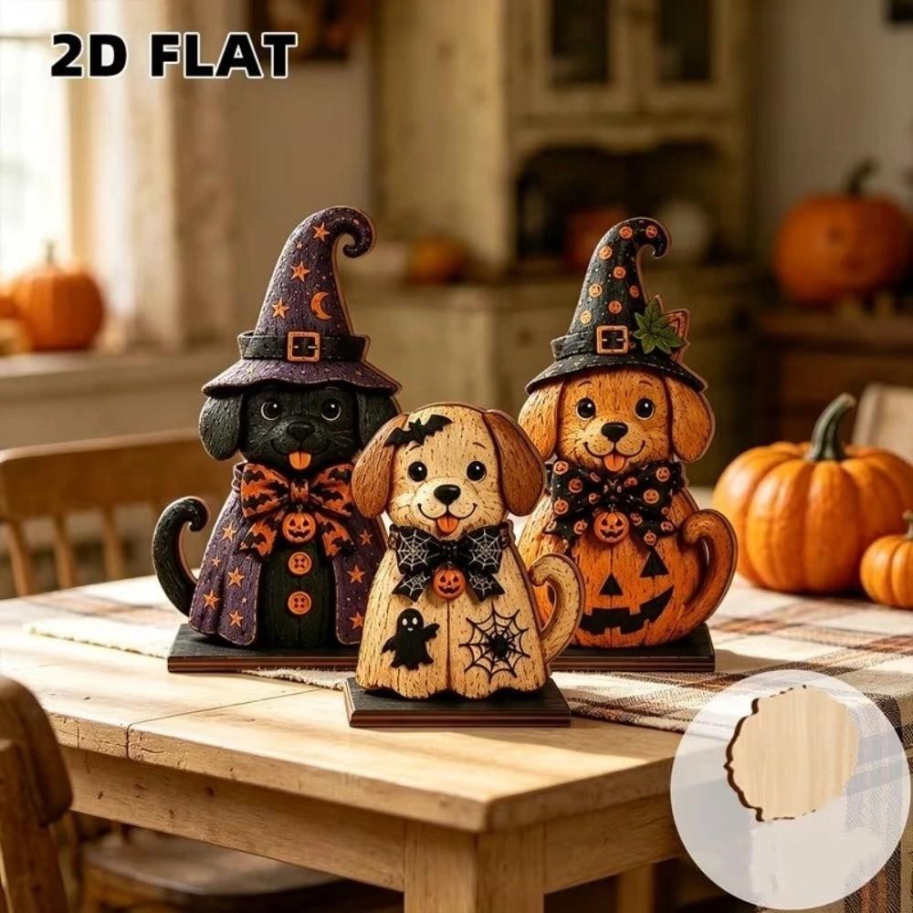 3 Stück Stabile Basis Halloween Holz Hundeschilder 2D Flach Kürbis Geist Handwerk Dekoration Thanksgiving