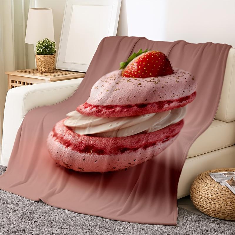 Erdbeer-Macaron-Kuchen-Muster Flanell bedruckte Decke geeignet für alle Jahreszeiten geeignet für Wohnzimmer Büro Sofa Reisen