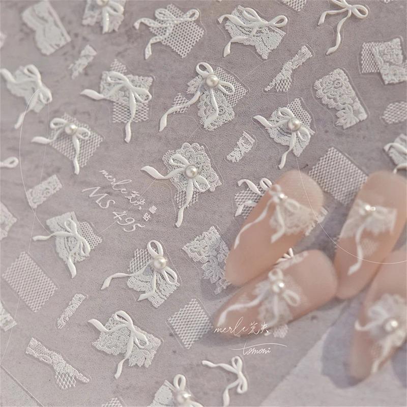 1Pcs 5D Diamond Japanese White Lace Bow Nail Art Stickers Pearl Rhinestones Nail Decoration Adhesive Decals Slider Diy Accessory