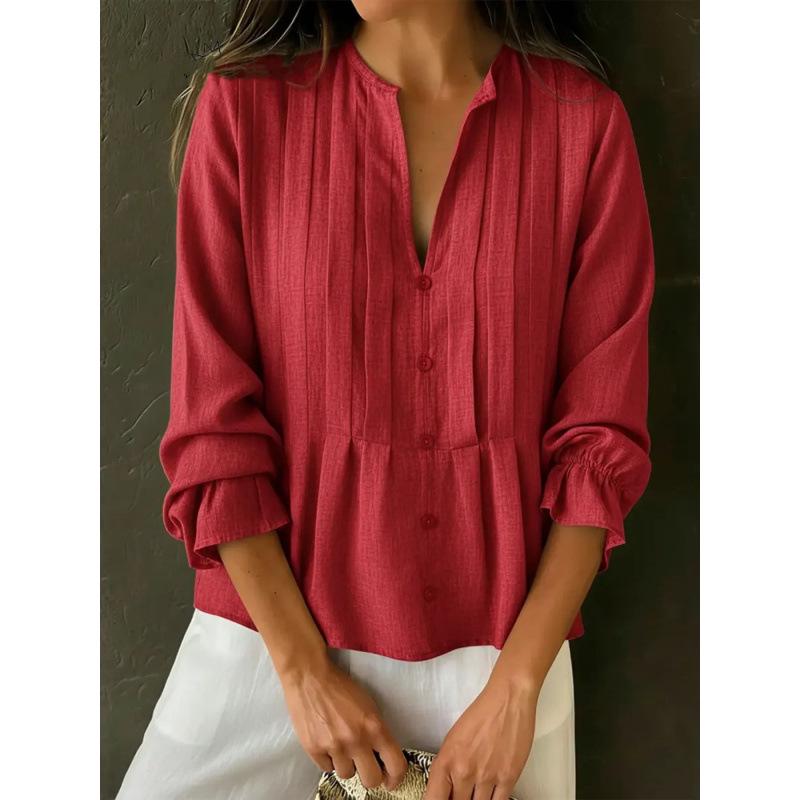 2026 European & American Women's V-neck Striped Long Sleeve Casual Shirt for Spring/Summer
