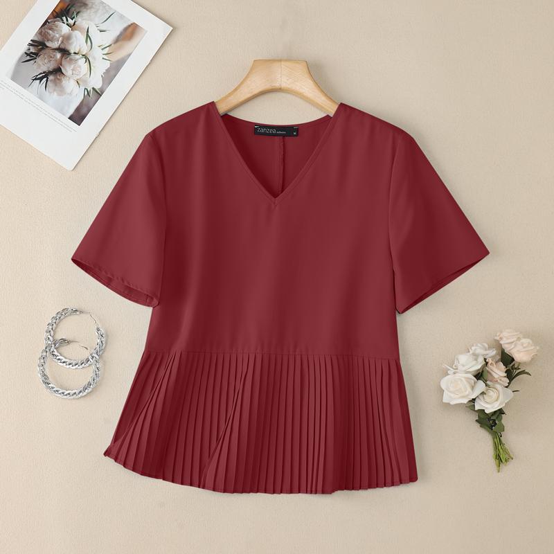 ZANZEA Women Casual V-Neck Solid Color Loose Short Sleeve Blouse