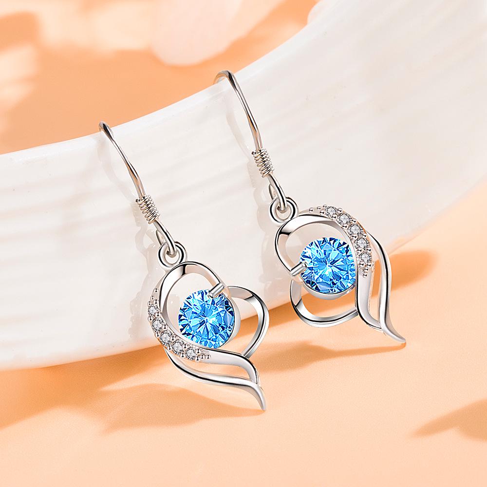 Japanese & Korean Zircon Silver-Plated Fashion Earrings: Elegant Medium-Length Hooks with Heart Details for Women
