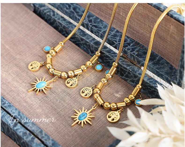 Fashion Commuting Jewelry Set: Little Sun Tree Pendant, Turquoise Design Bracelet & Necklace In Titanium Steel