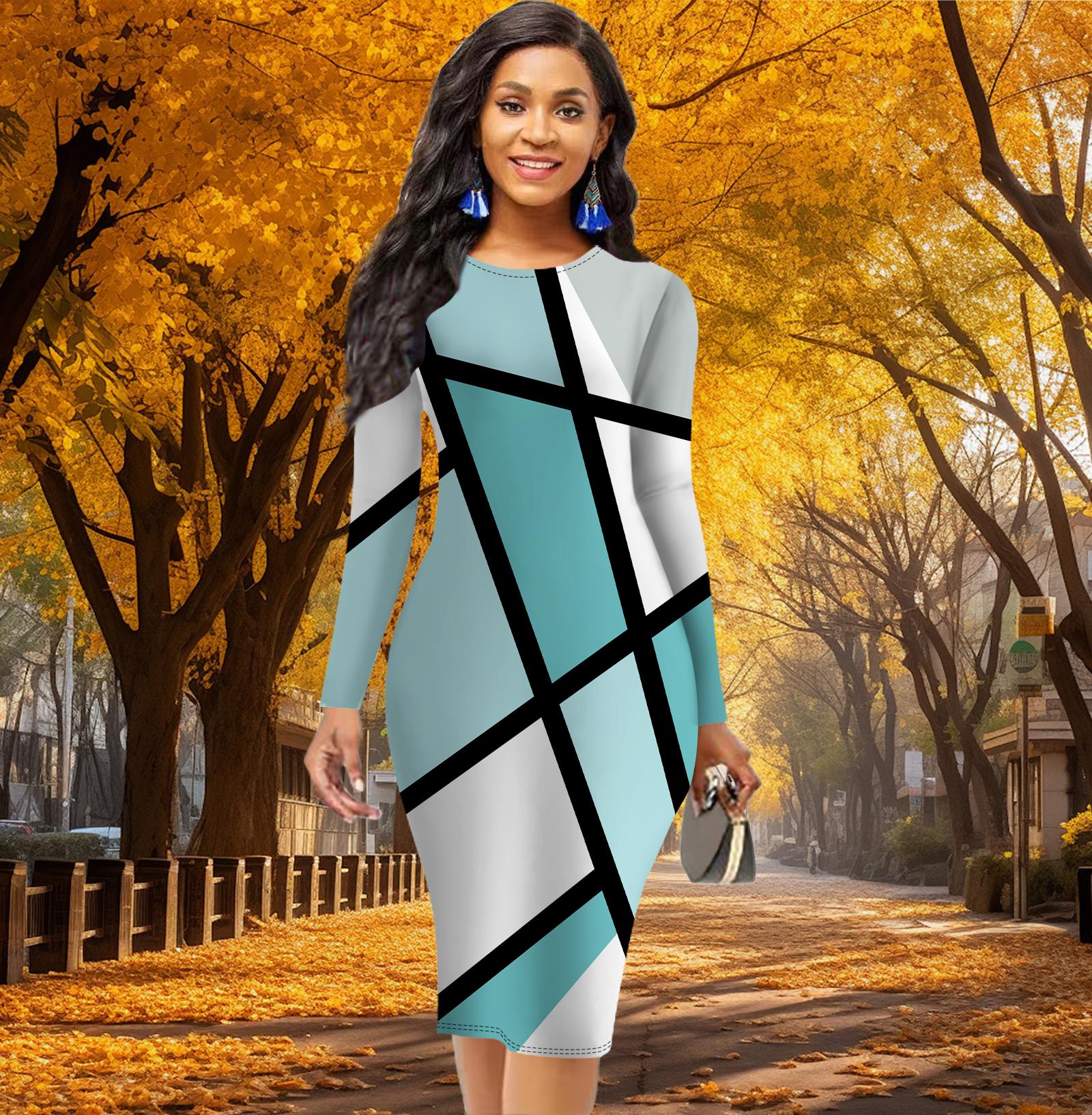 

Длинный рукав, талия, облегающее, офисное, облегающее, неровные линии, сетчатый принт, элегантное облегающее платье 8XL светло-синий