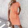 Vestito da Donna a Righe Manica Corta con Scollo Rotondo Vita Legata Mini Abito T-shirt Casual per Uso Quotidiano