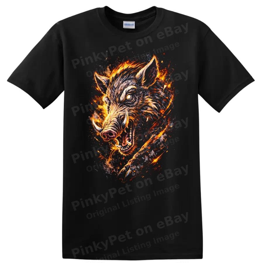 Fierce Boar Graphic T Shirt Wild Animal Design Fire Effect Tee