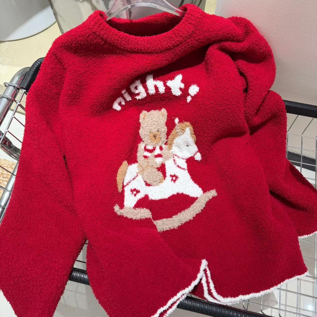 Cartoon bear sweet cute pajamas loose outer wear round neck pullover soft waxy thickened lazy style women's loungewear
