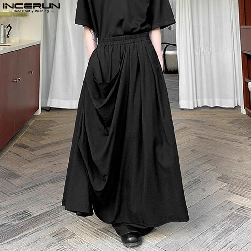 INCERUN Herre Elastisk Midje Uregelmessige Lag Casual Løse Lange Bukser Vide Ben Bukser