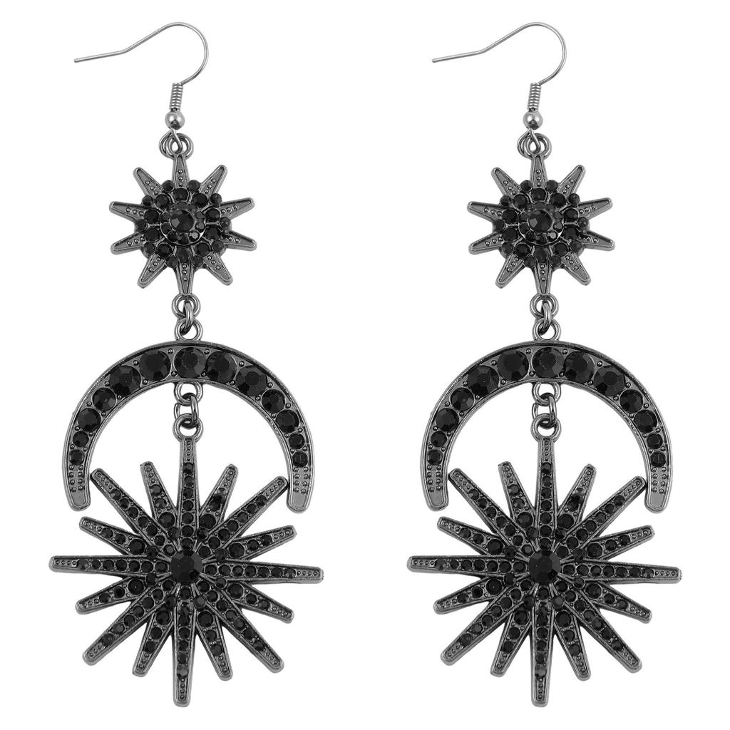 Baroque Sun & Moon Earrings Set with Halo Headband, Double-Layer Star Design & Sparkling Long Earrings