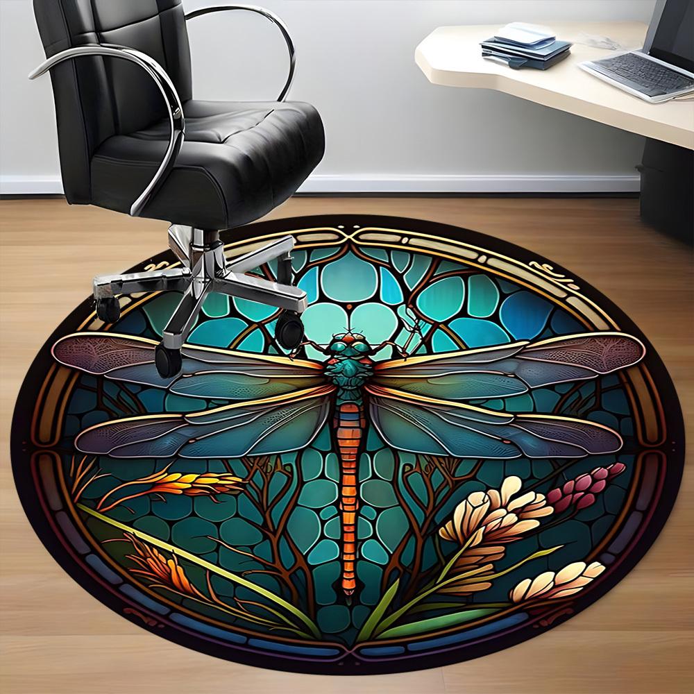 1PC Dragonfly StainedGlass Office Round Area Rug, Mat Suitable ForOffice, Under Office Chairs Bedroom Living Room Home Decor, Room Deco