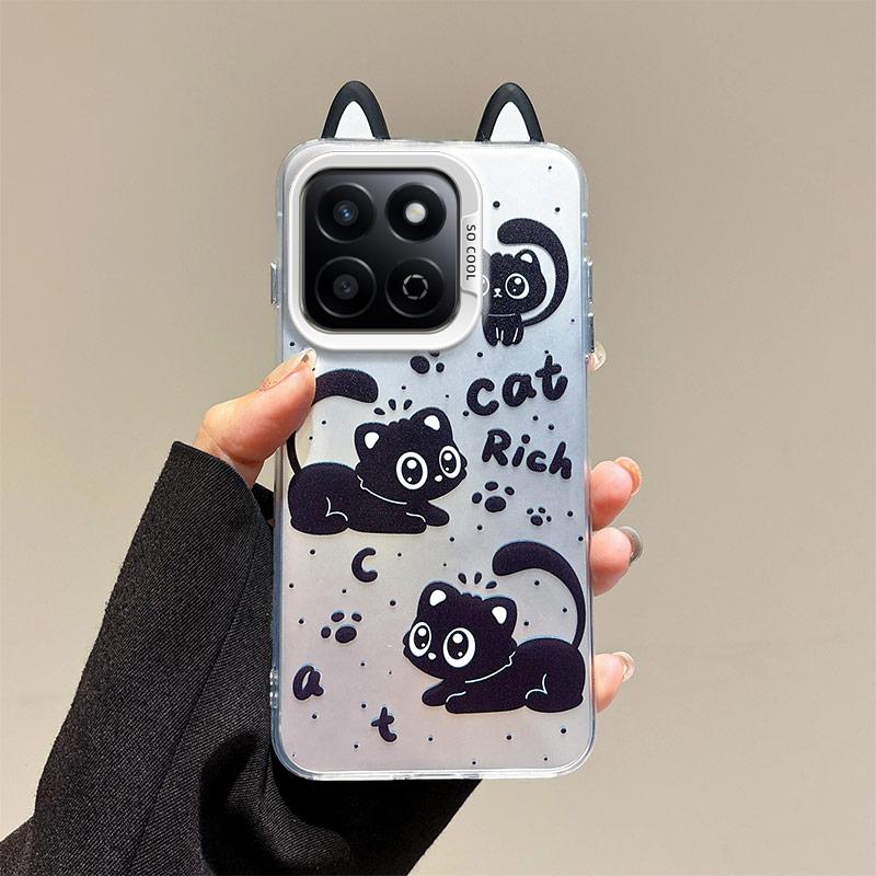 KEYSION Cute Ear Cartoon Case for HONOR X7c with Lanyard Soft Silicone+PC Shockproof Phone Cover for Huawei Honor 200 Smart 5G