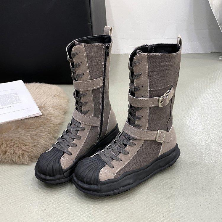 Fashion Outdoor Roman Style Women's Flat-bottomed Boots Winter Retro Style Suede Canvas Stitching Fashion Zipper Design Fashion Boots