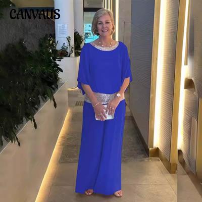 Plus Size Spring Summer Women's Solid Colour Suit Round Neck Sequins Colour Blocking Bat Shirt Wide Leg Pants Suit