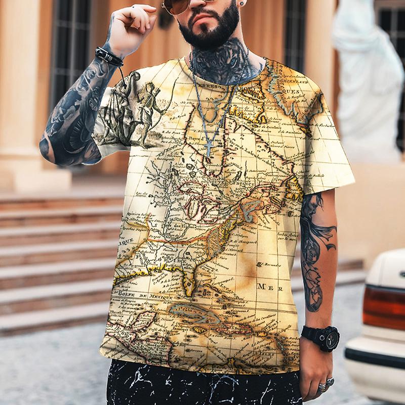 Hip-hop Retro Map Coordinate Tričko Pánské 3D strojový potisk Tričko nadměrné velikosti Street Summer Krátký rukáv 2022 Značka Top