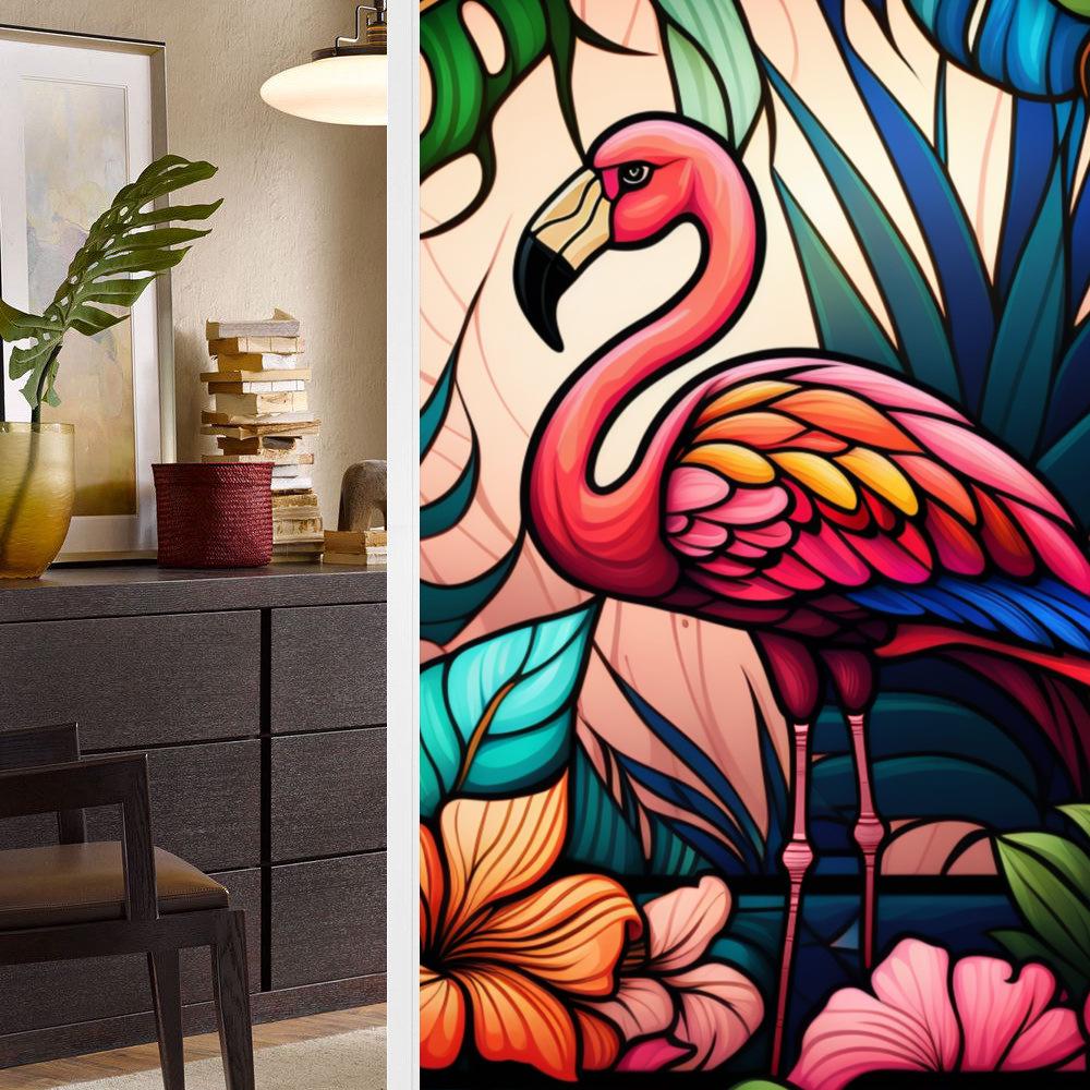 Colorful Retro Floral & Bird Static Cling Window Film - No Glue, Removable