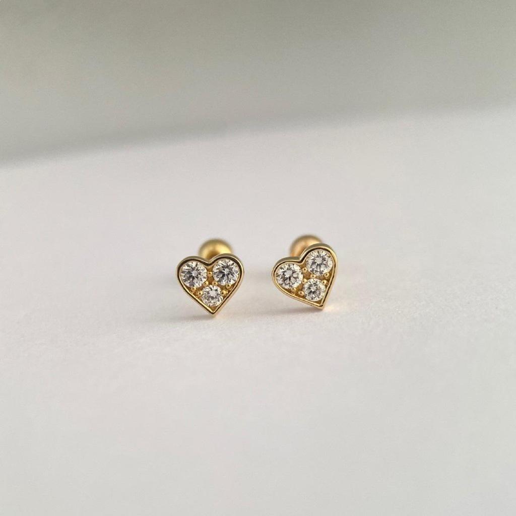 S925 Sterling Silver 14K Gold-Plated Heart Zircon Ear Cartilage Stud, Safe for Bathing and Sleeping
