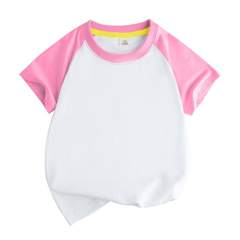 Summer Cotton Raglan Color Block Kids' Round Neck T-Shirt - Solid Color, Sweat-Absorbing, Short Sleeve Uniform