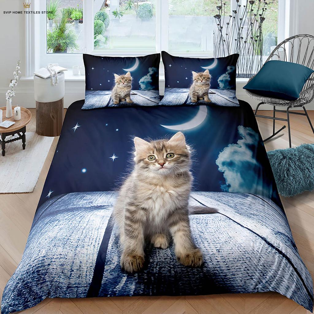 Cute Cat Constellation 3D Stereo Printing Quilt Cover Bedding Set Quilt Cover Pillowcase Machine Washable Gift Three-Piece Set