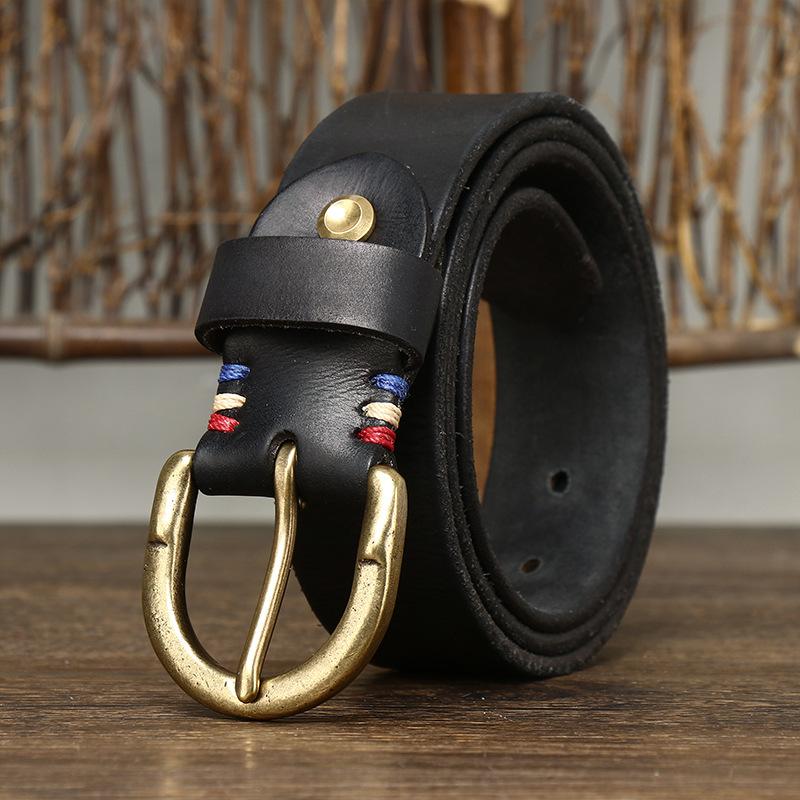 2024 Nowy Retro Vintage Skórzany Pasek Męski Skórzany Klamra z Kolcem Amerykański Trend Warstwa Wierzchnia Skóra Bydlęca Pasek do Dżinsów