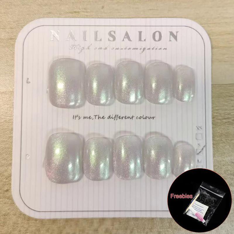 100% Handmade short round shape Candy Colored Full Cat Eye Fake Nail With Glue Art Simple Pearl smudged magic mirror powder Colorful Nails Fake Nails