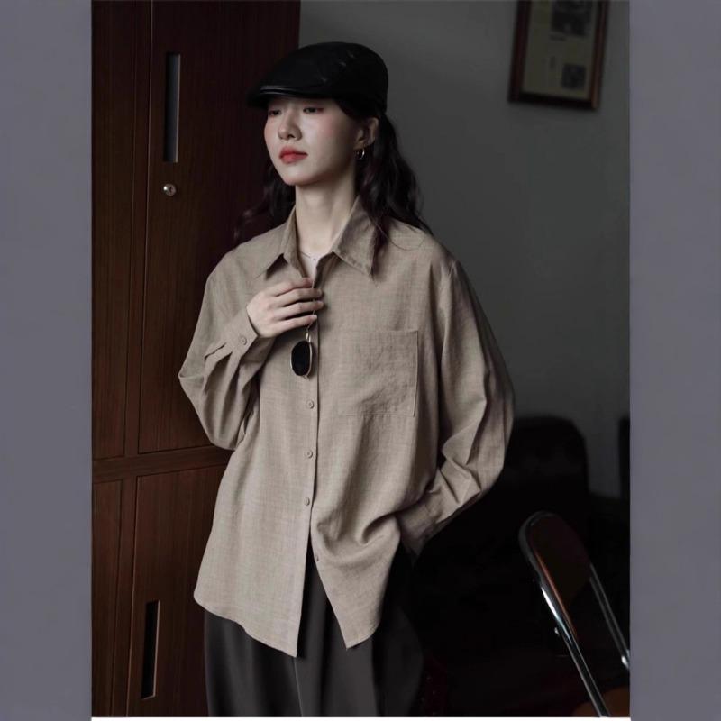 Retro Hong Kong Style Solid Color Long-sleeved Shirt for Women Autumn New Green Design with Loose Shirt Inside