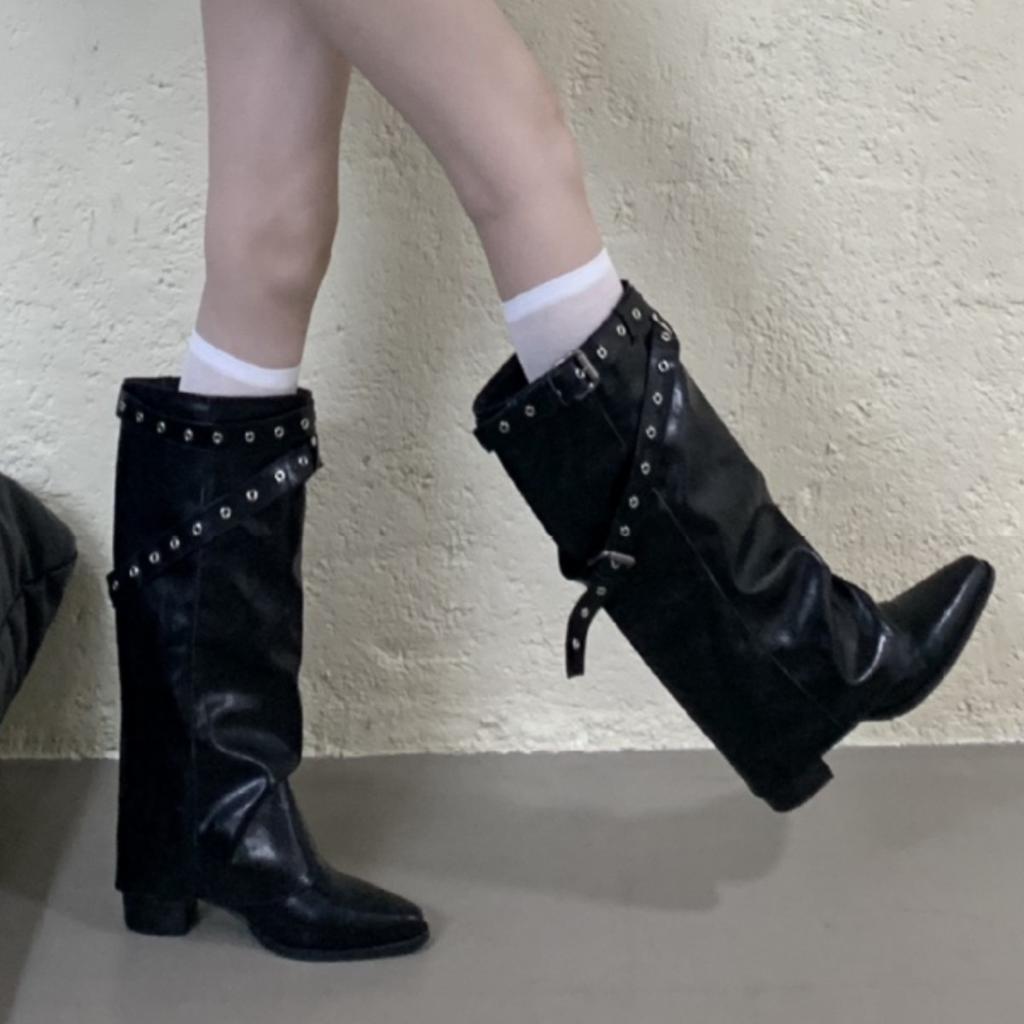 2025 new pointed wedge heel straight pants tube boots white belt buckle high boots but knee boots sweet cool western boots