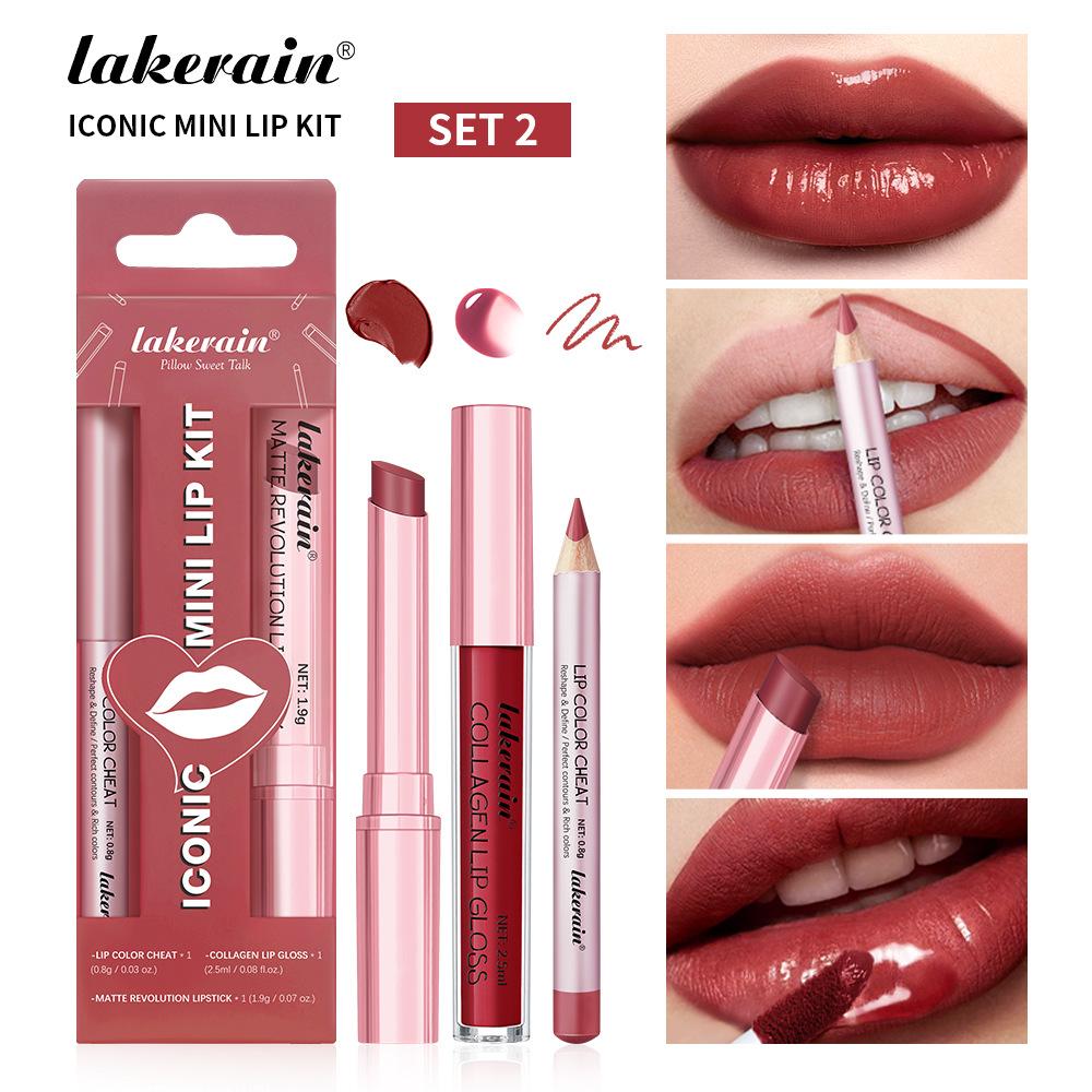 3-teiliges Lippen-Make-up-Set Lipliner Lipgloss Lippenstift Spiegeleffekt Beep Lips Hohe Farbe Lang anhaltend Spendet Feuchtigkeit Reise-Mini-Set