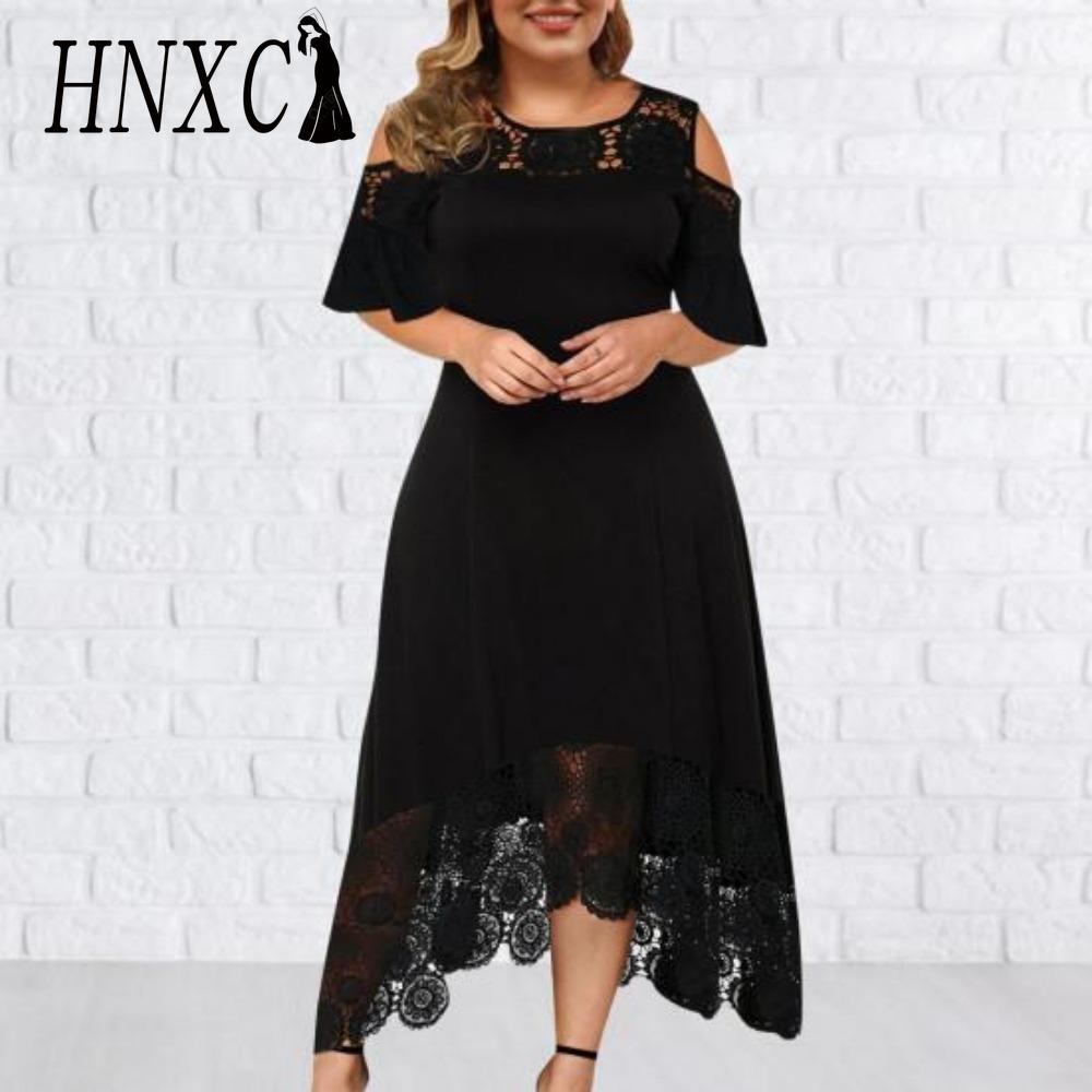 

HNXC Вышивка Кружево Пэчворк Большой Размер Женское Платье Расклешенный Короткий Рукав Холодное Плечо Высокая Талия XXXXXL чёрный