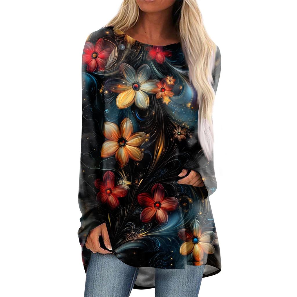 Women's Fashion Casual Long Sleeve  Print Round Neck Pullover Top Blouse