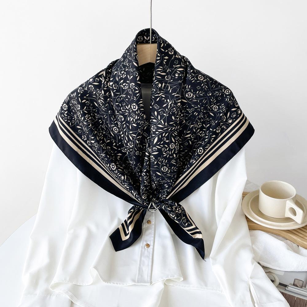 

Шелковый цветочный дизайн Высококлассный платок-шаль Легкий дышащий защита от солнца Мягкий твиловый квадратный платок из искусственного шелка 90*90cm