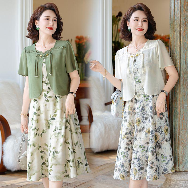 Elegant Summer Maternity Chiffon Two-Piece Dress - Slimming, Over-the-Knee, Short-Sleeved Skirt